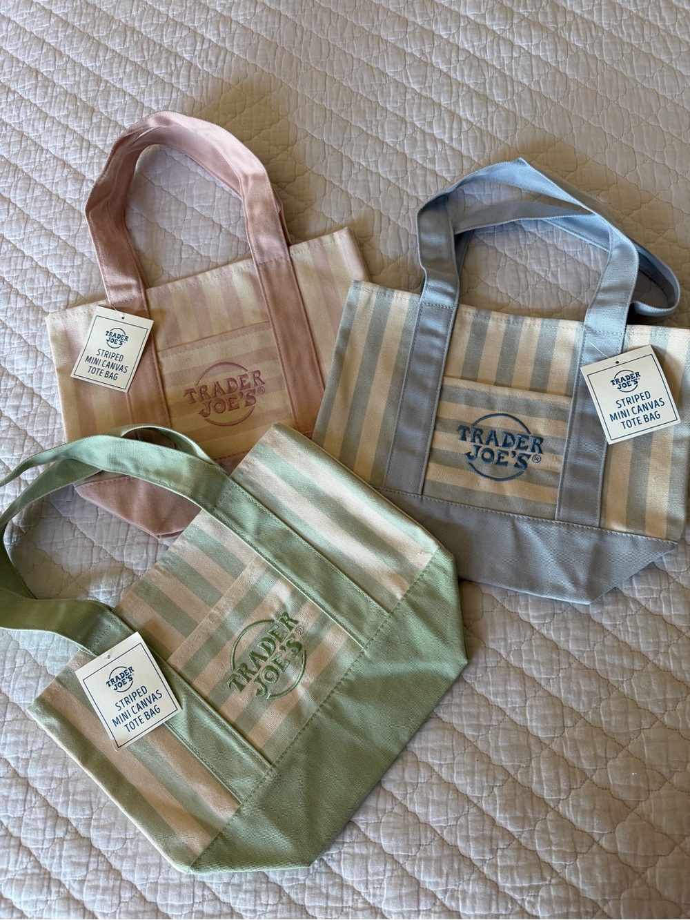 Trader Joe’s Striped Totes: Pastel Pink, Blue, and Green